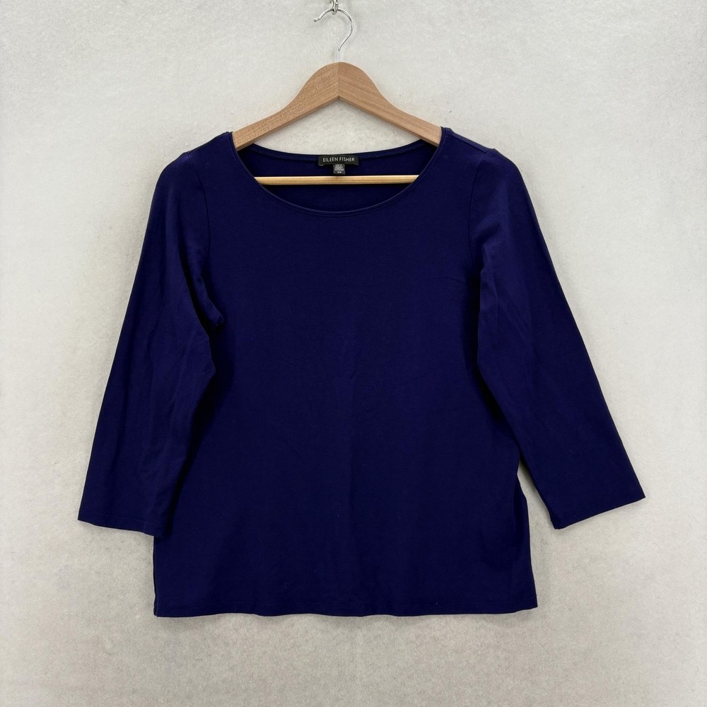 Eileen Fisher Shirt Womens Small Blue Scoop Neck 3/4 Sleeve Stretch Jersey Top